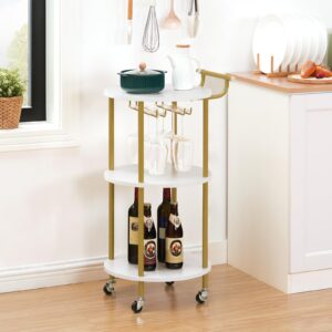 HOOBRO Bar Cart Gold, Home Bar Serving Cart, Rolling Beverage Cart with Wine Rack and Glass Holder, 3-Tier Wine Cart for Kitchen, Dining Room, Living Room, Parties, Gold and White WD31TC01