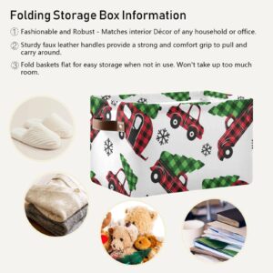 Christmas Buffalo Plaid Truck Storage Basket Collapsible Storage Bins Cubes Box Toy Chest Fabric Clothes Hamper Gift Baskets for Shelves Office Nursery Home Shoes with Leather Handles