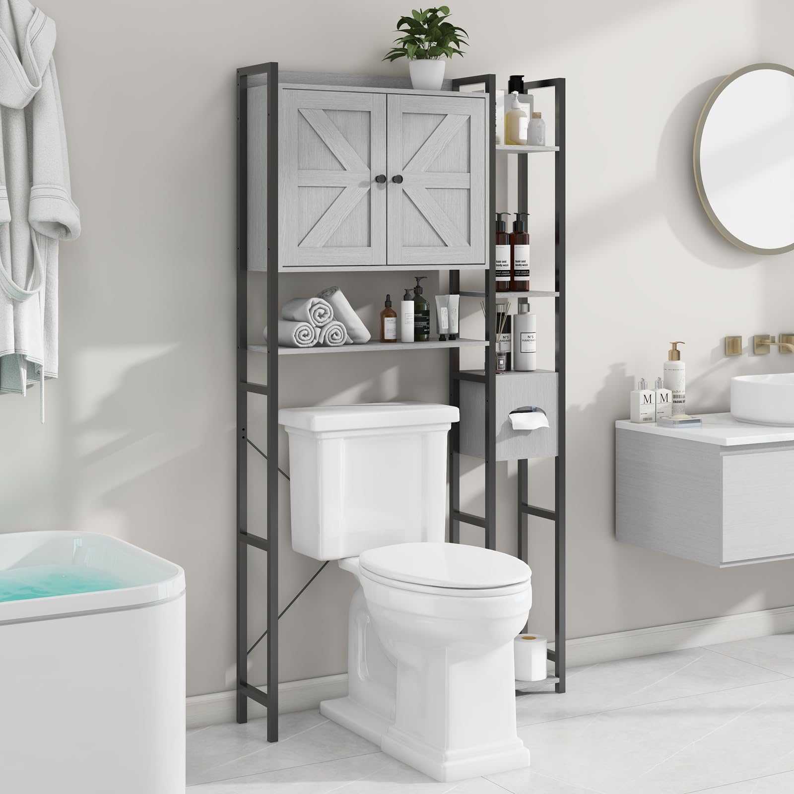 Befrases Grey Cabinet, Over The Toilet Storage Cabinet with 2 Doors, Multi Layer Shelves, Bathroom Laundry Room Small Spaces