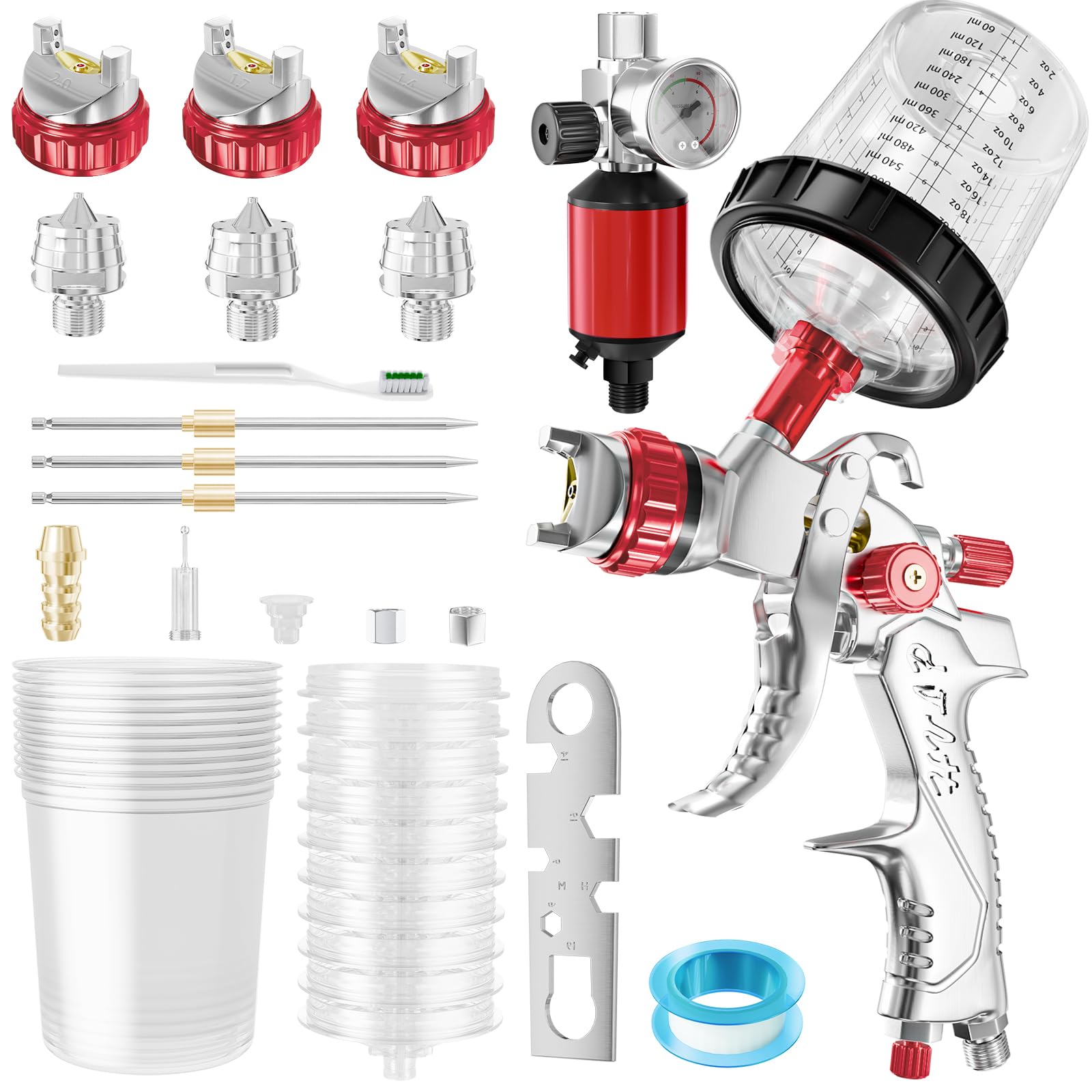 GATTLELIC HVLP Spray Gun with Air Compressor Regulator 10pcs 600cc Mixing Cup and Lids, Air Spray Paint Gun with 1.4/1.7/2mm Nozzles, Automotive Paint Sprayer for Car, House Painting, Furniture