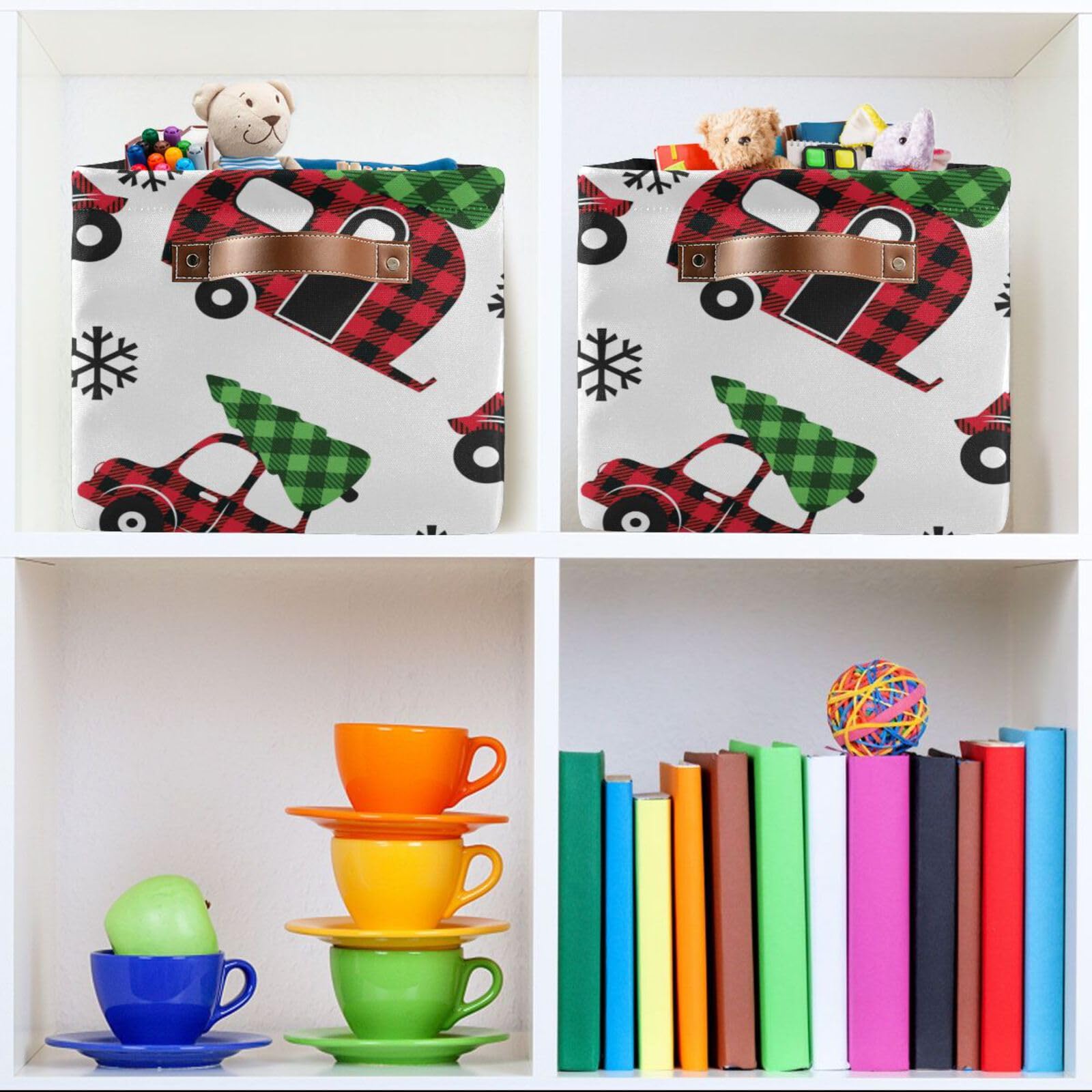 Christmas Buffalo Plaid Truck Storage Basket Collapsible Storage Bins Cubes Box Toy Chest Fabric Clothes Hamper Gift Baskets for Shelves Office Nursery Home Shoes with Leather Handles