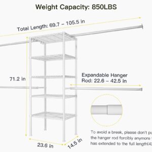 Ulif M2 Closet Organizer System, 5.9 Feet Height Mounted to the Wall Garment Rack with 4 Expandable Hanger Rods, 5 Shelves in 23.6" L x 14.5" W, Suit Total Space from 5.8-8.8 ft, White