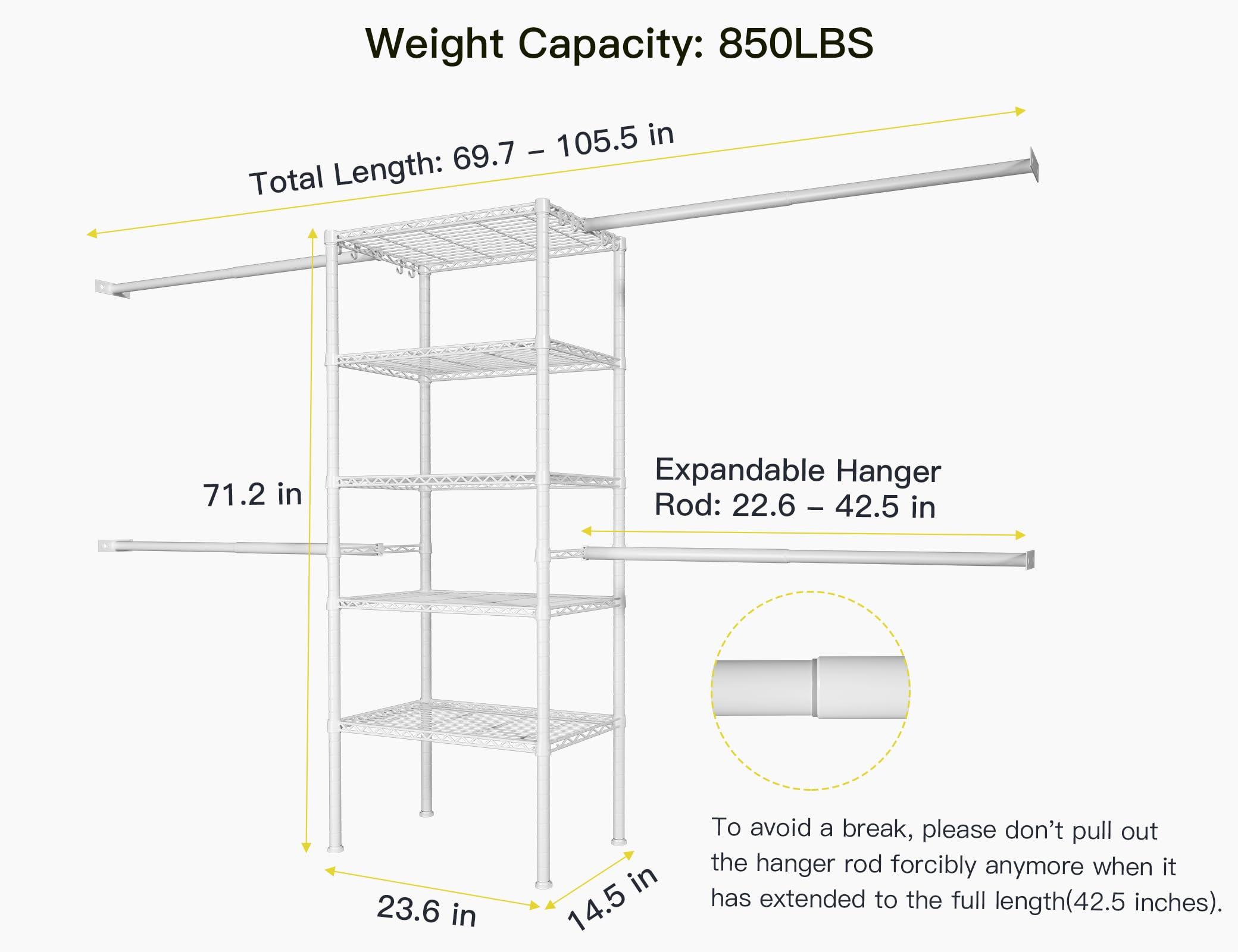 Ulif M2 Closet Organizer System, 5.9 Feet Height Mounted to the Wall Garment Rack with 4 Expandable Hanger Rods, 5 Shelves in 23.6" L x 14.5" W, Suit Total Space from 5.8-8.8 ft, White