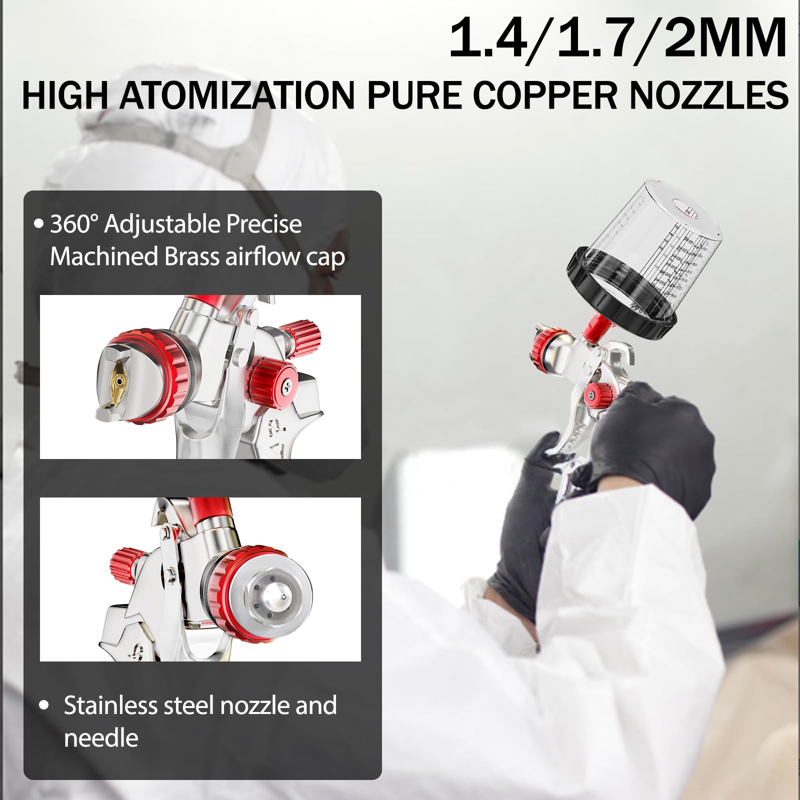 GATTLELIC HVLP Spray Gun with Air Compressor Regulator 10pcs 600cc Mixing Cup and Lids, Air Spray Paint Gun with 1.4/1.7/2mm Nozzles, Automotive Paint Sprayer for Car, House Painting, Furniture