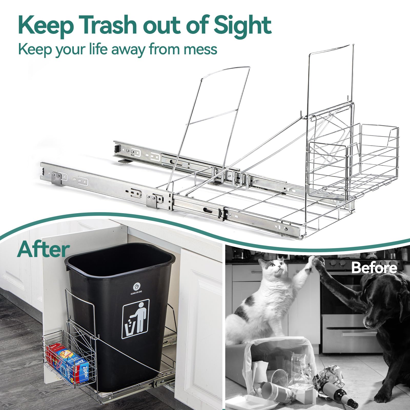 Pull Out Trash Can Under Cabinet,Adjustable Under Sink Trash Can Pull Out Kit with Removable Basket,Slide Roll Out Kitchen Trash Can Rack,Fit for Most 7-11 Gallon Garbage Can (Trash Can Not Included)