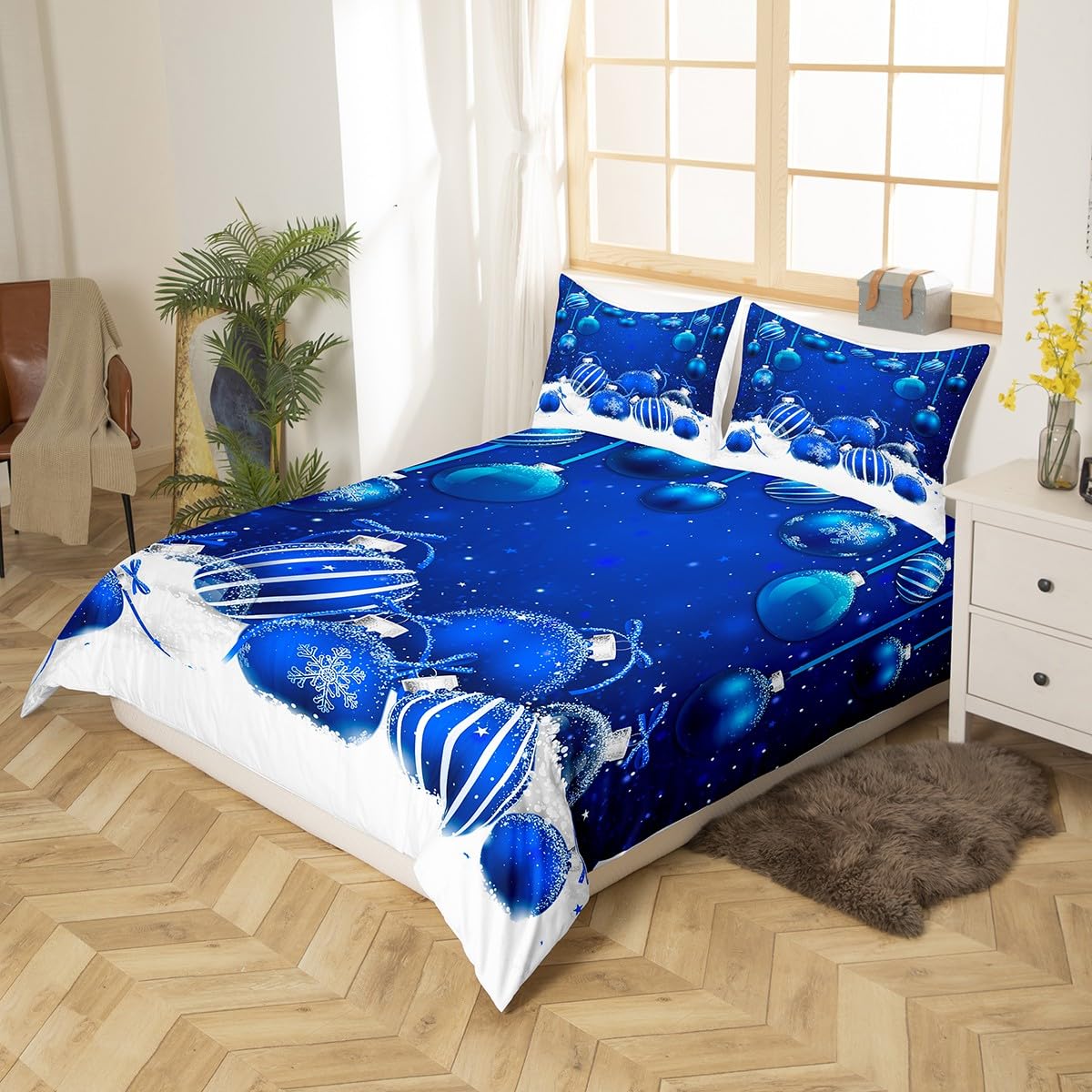 Christmas Bedding Set,Blue Christmas Snowflake Duvet Cover for Kids Teens Boys Girls,Xmas Theme Comforter Cover Decorative Room,Winter Snowflake Quilt Cover with 2 Pillowcases,King Size