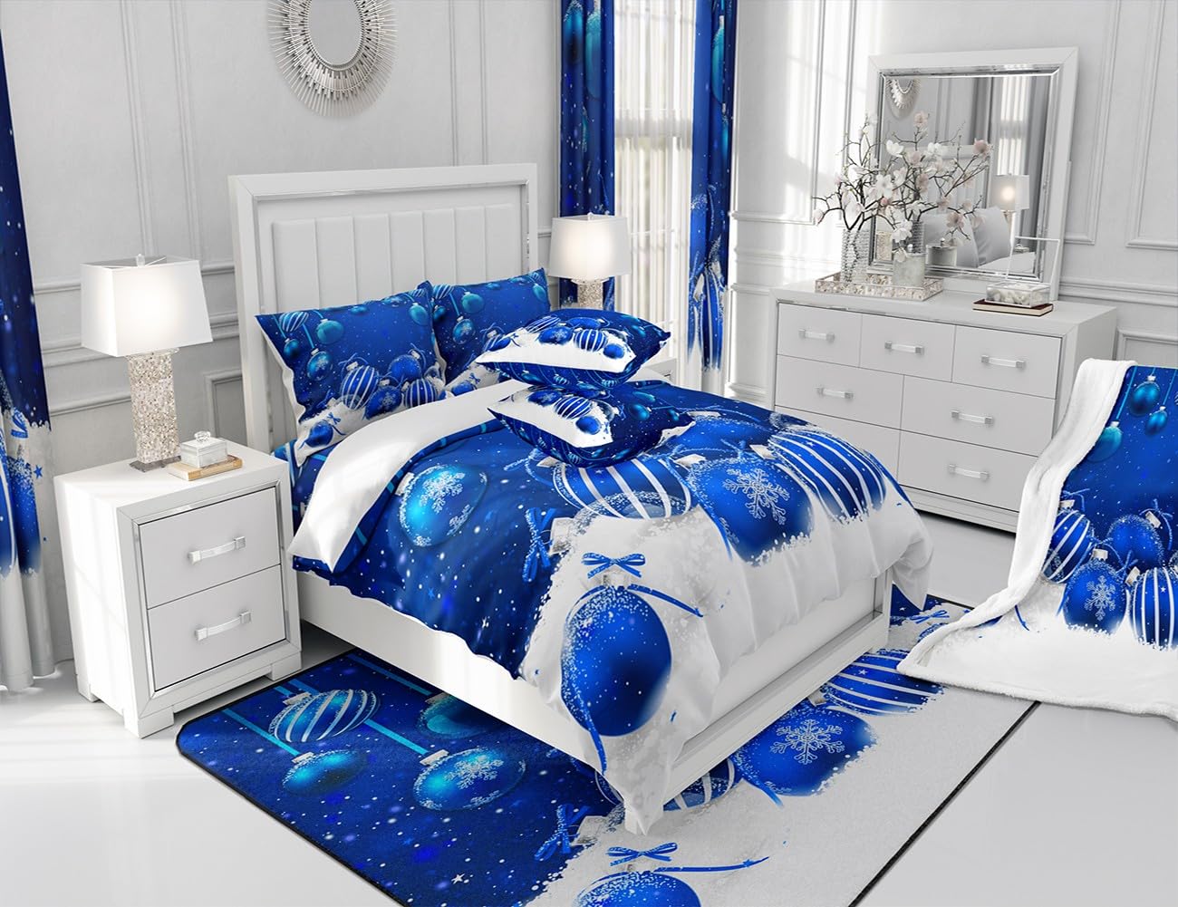 Christmas Bedding Set,Blue Christmas Snowflake Duvet Cover for Kids Teens Boys Girls,Xmas Theme Comforter Cover Decorative Room,Winter Snowflake Quilt Cover with 2 Pillowcases,King Size