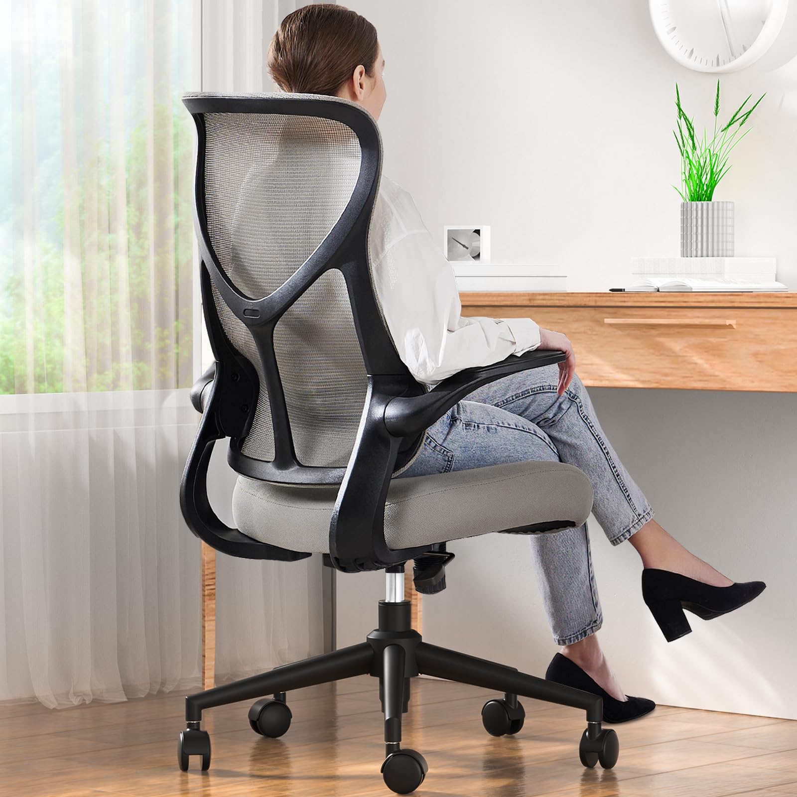 Sweetcrispy Ergonomic Office Desk Computer Chair, Comfy High Back Swivel Rolling Home Mesh Gaming Chairs with Wheels, Lumbar Support, Flip-up Arms,120°tilt for Bedroom, Study, Work, Grey