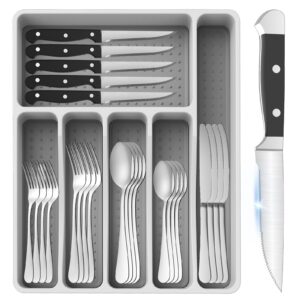 50-piece forks and spoons silverware set with heavy duty steak knife and organizer, stainless steel flatware cutlery set service for 8, mirror polished kitchen utensils set