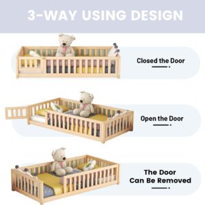 Harper & Bright Designs Twin Size Floor Bed Frame, Wooden Twin Montessori Floor Bed with Rails, Door and Support Slats, Kids Twin Size Bed Frame for Boys & Girls, Natural