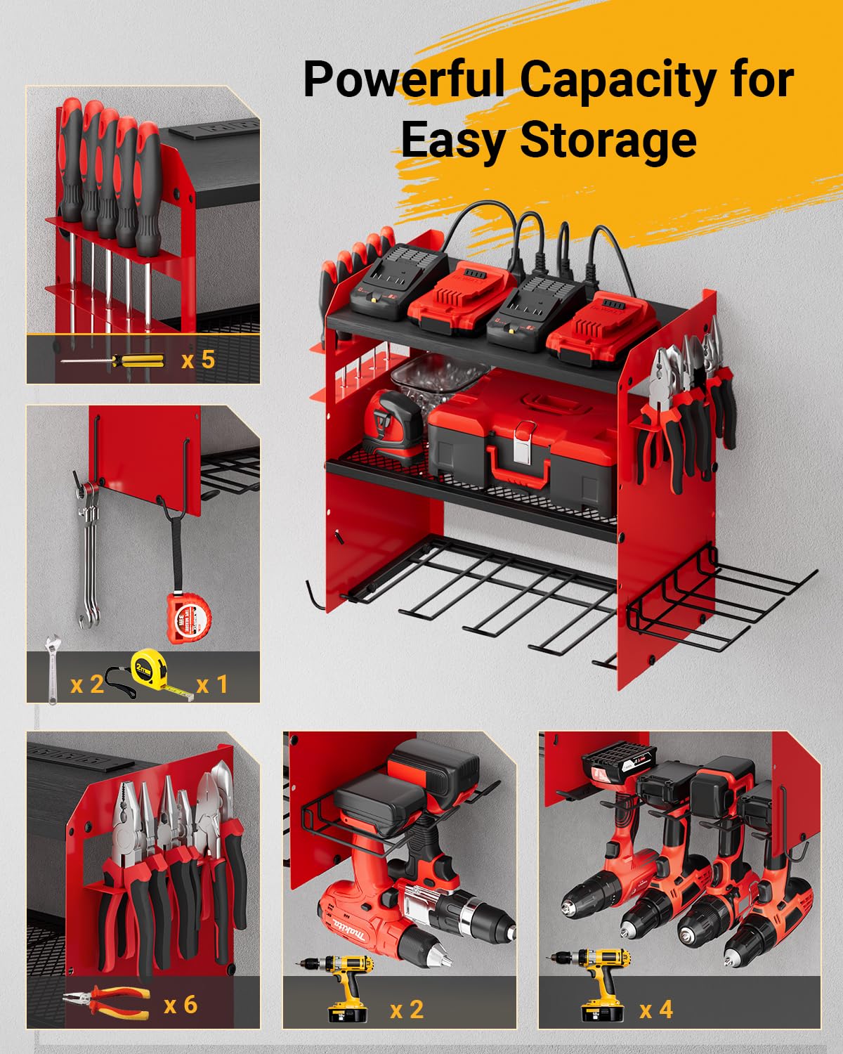 Dunatou Adjustable Power Tool Organizer Wall Mount with Charging Station, 6 Drill Holder & 4 Outlet, Wood Garage Tool Organizer Wall Mount Power Tool Rack with Hooks, Gift for Men