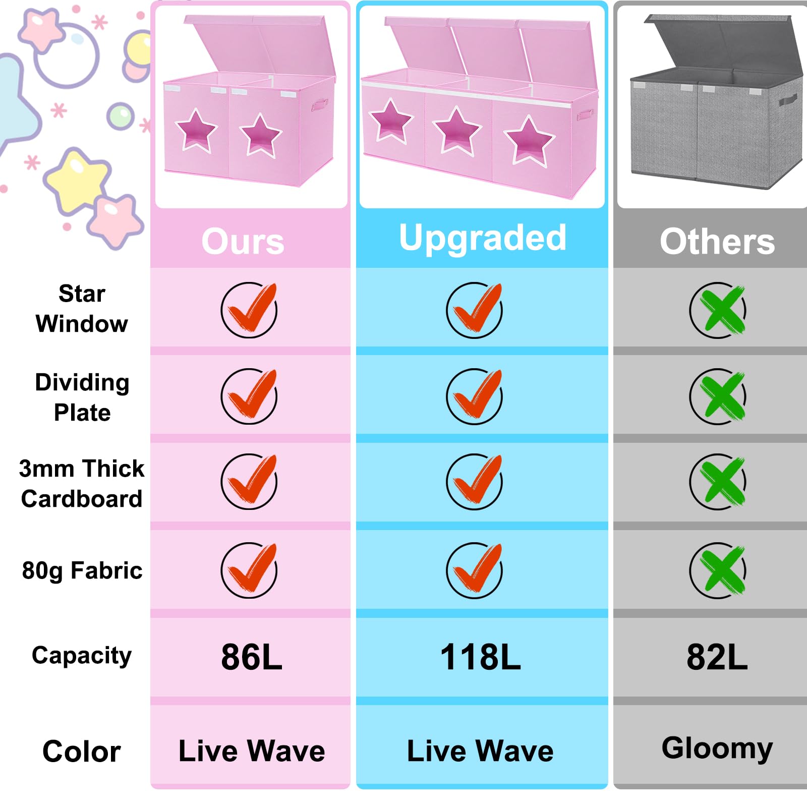 Xmasorme Extra Large Toy Box Chest, Toy Storage Organizer Bins with Transparent Windows, Foldable Storage Box for Kids,Boys,Girls,Toddler,Nursery Room,Playroom(Light Pink Star)