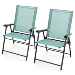 tangkula patio folding chairs set of 2, outdoor sling chairs with breathable fabric back & seat, portable dining camping chairs for poolside, yard, garden, deck, lawn, beach (mint green)