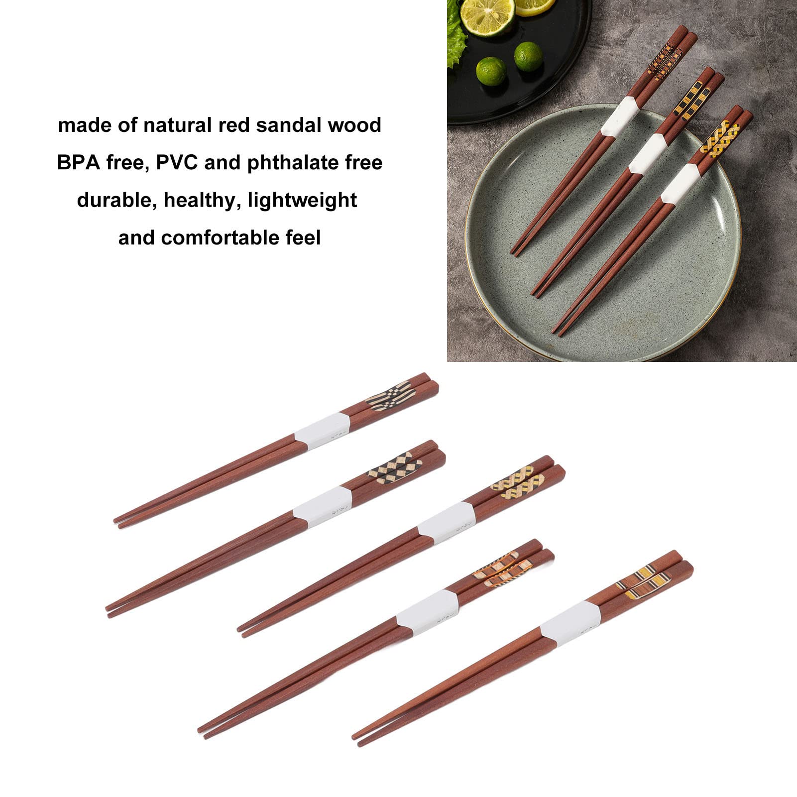 Wooden Chopsticks, 5 Pair Wooden Chopsticks Red Sandalwood Grooved Pattern Reusable Chop Sticks