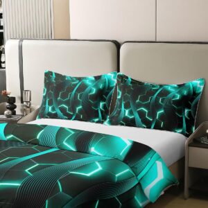 100% Cotton Teal Wavy Lines Bedding Set,Honeycomb Geomeric Stripes Duvet Cover Twin,Ombre Neon Lights Geometry Comforter Cover,Modern Style Quilt Cover with 1 Pillow Sham Reversible Home Room Decor