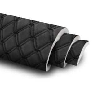 1 yard vinyl faux leather quilted fabric with 0.27" foam backed,63"wide leather material for diy upholstery,1.9"×2.7"diamonds pattern,black(black thread)