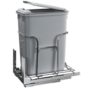 34-quart pull-out trash can with soft close and lid for 14.2" w x 22" d x 24.8" h min cabinets, sliding under mount kitchen pullout waste container trash can, gray