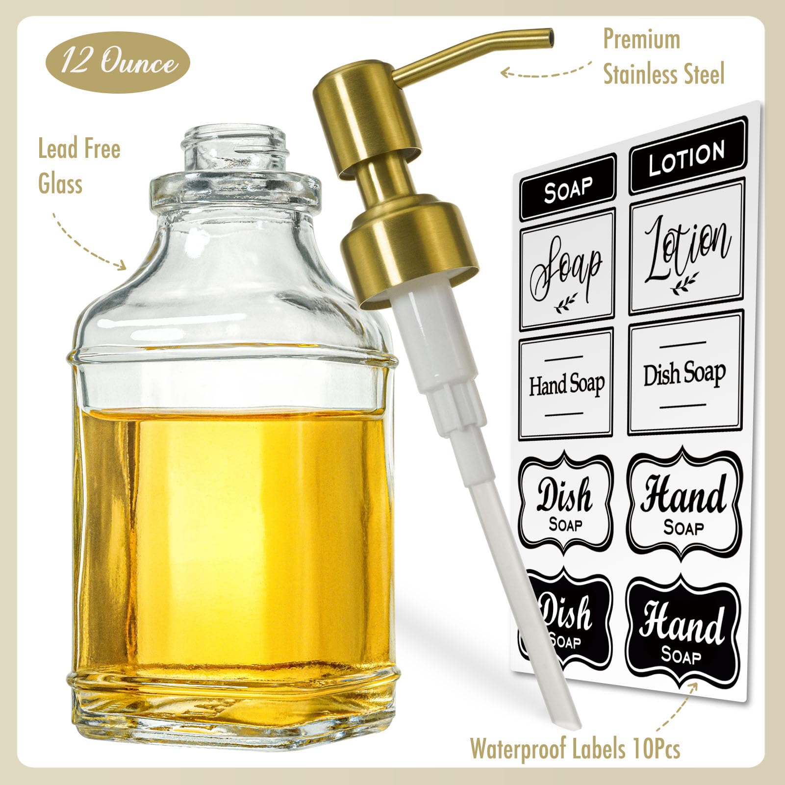 JASAI Antique Square Glass Soap Dispenser with Golden Rust Proof Pump, Refillable Soap Dispenser with 10Pcs Stickers for Kitchen, Dish Soap Dispenser for Kitchen Bathroom Soap, Hand soap, Lotion.