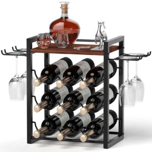 nanagiftree wine rack countertop, wooden wine stand with tray, holds 9 wine bottles and 4 glasses, freestanding wine rack for home, kitchen, bar, wine cellar