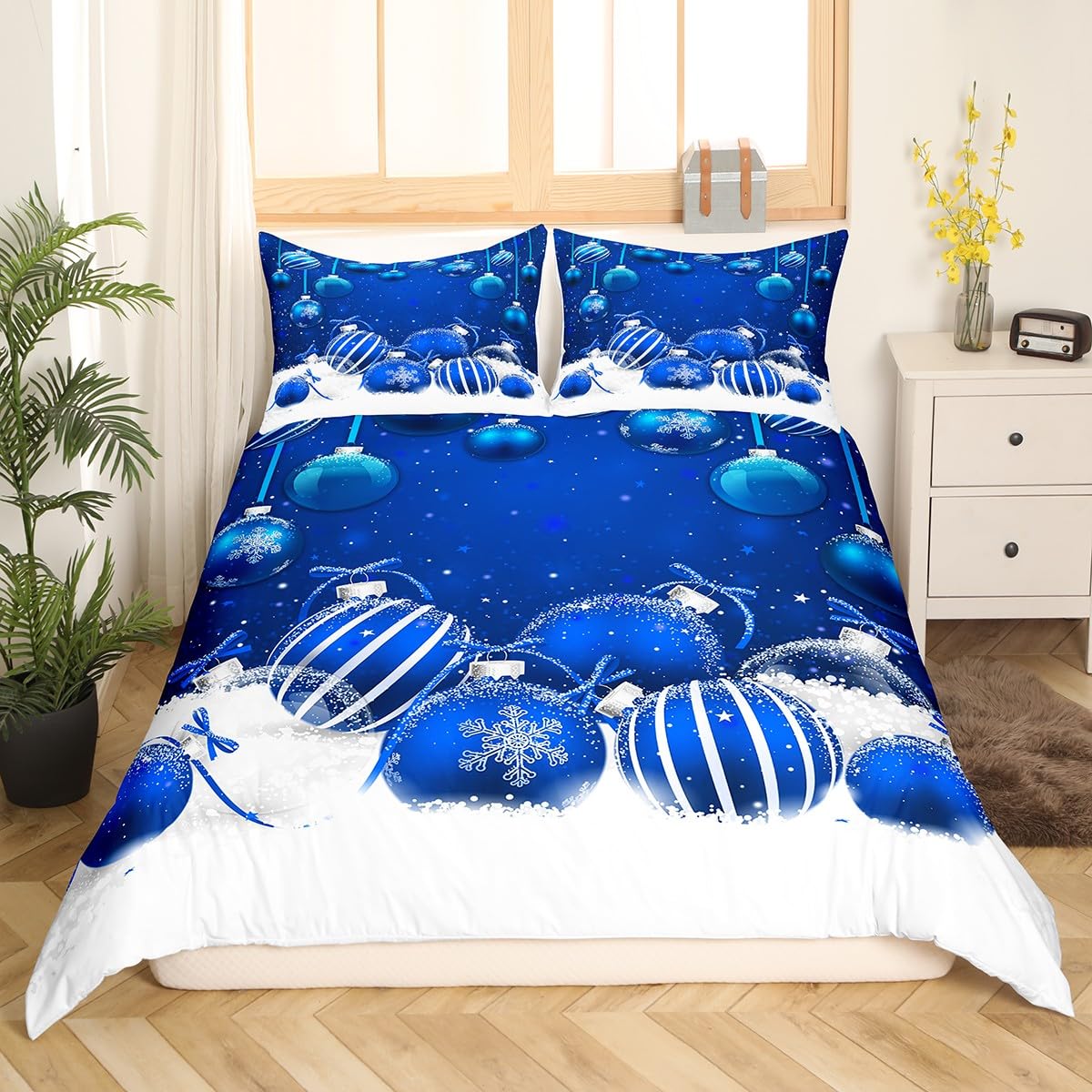 Christmas Bedding Set,Blue Christmas Snowflake Duvet Cover for Kids Teens Boys Girls,Xmas Theme Comforter Cover Decorative Room,Winter Snowflake Quilt Cover with 2 Pillowcases,King Size