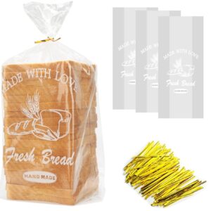 bread loaf packing bags with ties, large bakery homemade bread plastic bags, 8” x 4” x 18”,40 pack, printed bread bags reusable adjustable