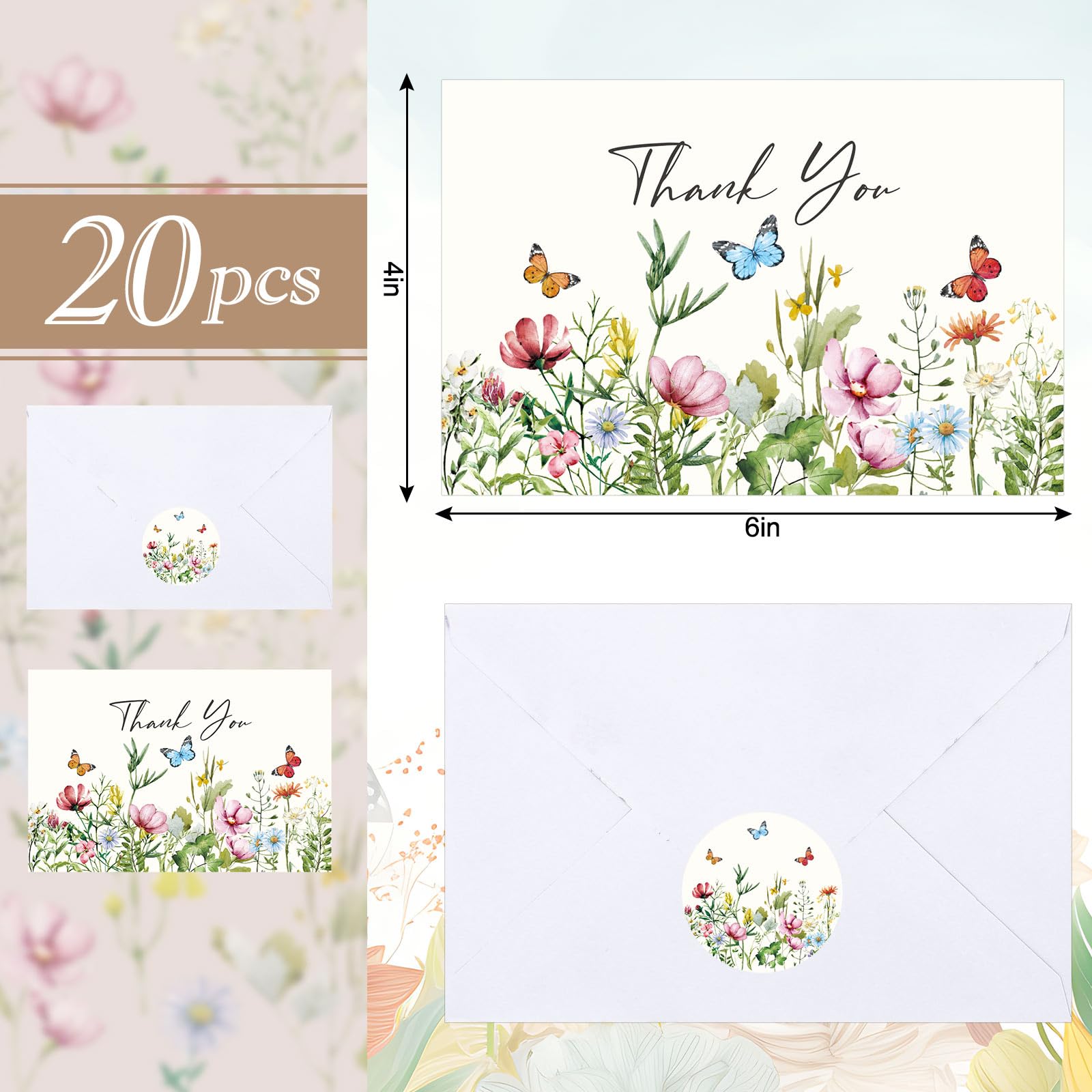 Whaline 20 Pack Wildflower Thank You Cards Bulk Flower Butterfly Greeting Cards with Envelopes and Stickers Spring Floral Blank Note Cards for Birthday Wedding Baby Shower Bridal Shower, 4 x 6 Inch