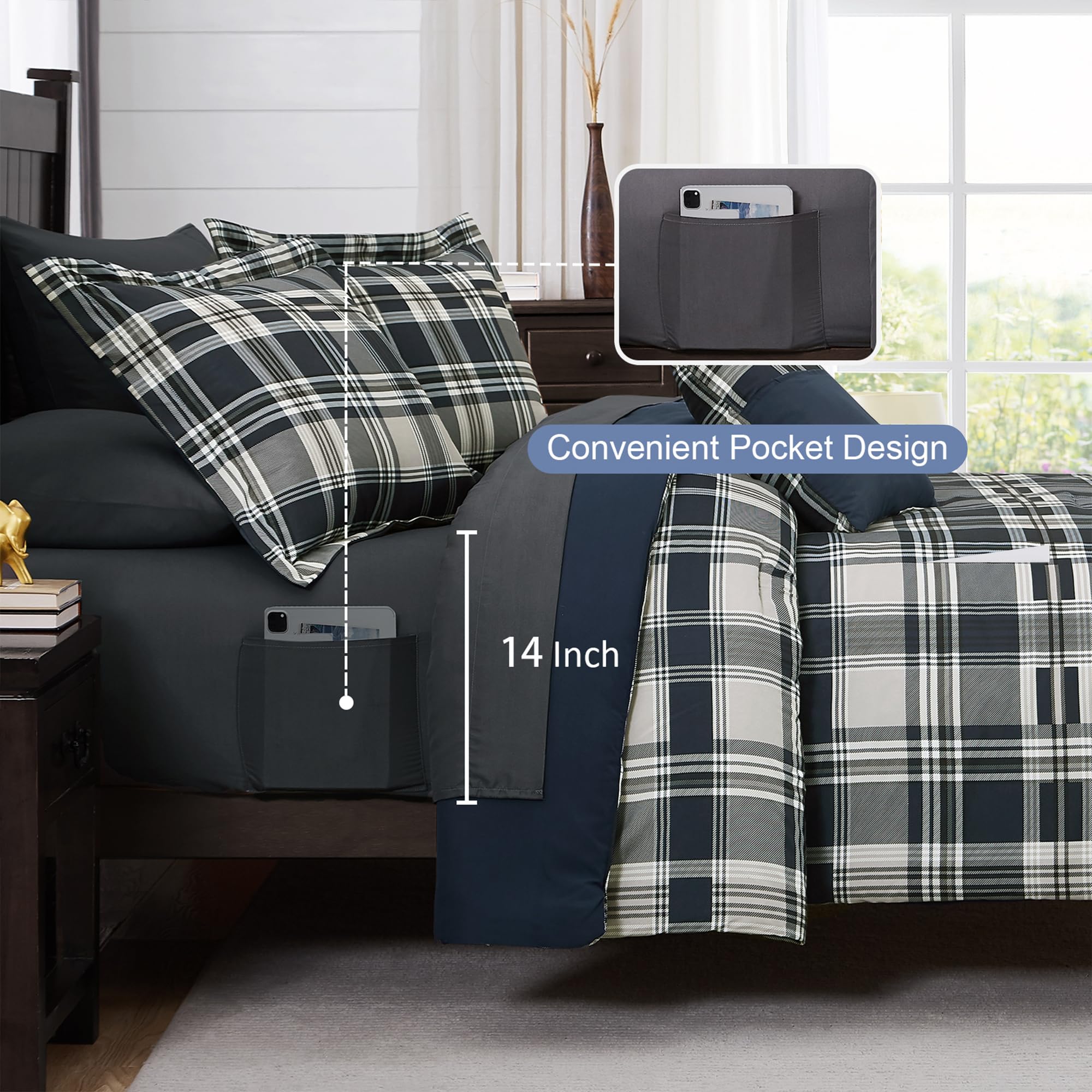 MAIREVE Navy Blue Twin XL Comforter Set, Twin XL Bedding Sets for Boys Girls 5 Pieces for Dorm Farmhouse All Season Lightweight &Comfy with Fitted Sheet, Flat Sheet (Navy Blue, Twin XL, 66"x90")