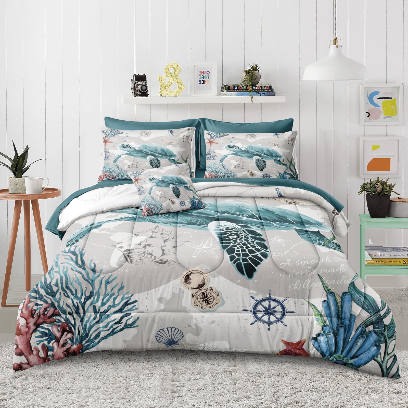 Bedbay 8 Pieces Nautical Bedding Sea Turtle Queen Comforter Set with Sheets Turquoise Comforter Retro Style Teen Girls Boys Turtle Bedding Set Ocean Themed Soft Fluffy Bed Set(Ocean,Queen)