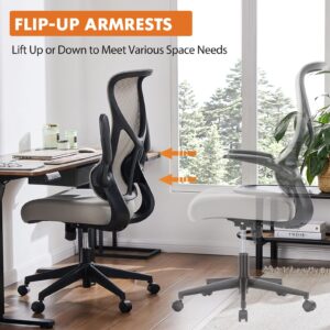 Sweetcrispy Ergonomic Office Desk Computer Chair, Comfy High Back Swivel Rolling Home Mesh Gaming Chairs with Wheels, Lumbar Support, Flip-up Arms,120°tilt for Bedroom, Study, Work, Grey