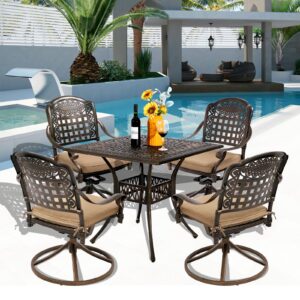 USSerenaY 5-Piece Outdoor Dining Set Cast Aluminum Patio Furniture Set All-Weather 4 Chairs and Dining Table with Umbrella Hole for Garden, Backyard (Braided+Khaki Cushion, Square Table)