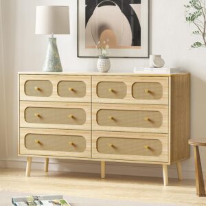 hourom rattan dresser for bedroom, modern 6 drawer double dresser with gold handles, natural wood storage dressers & chests of drawers, 6 drawer dressers