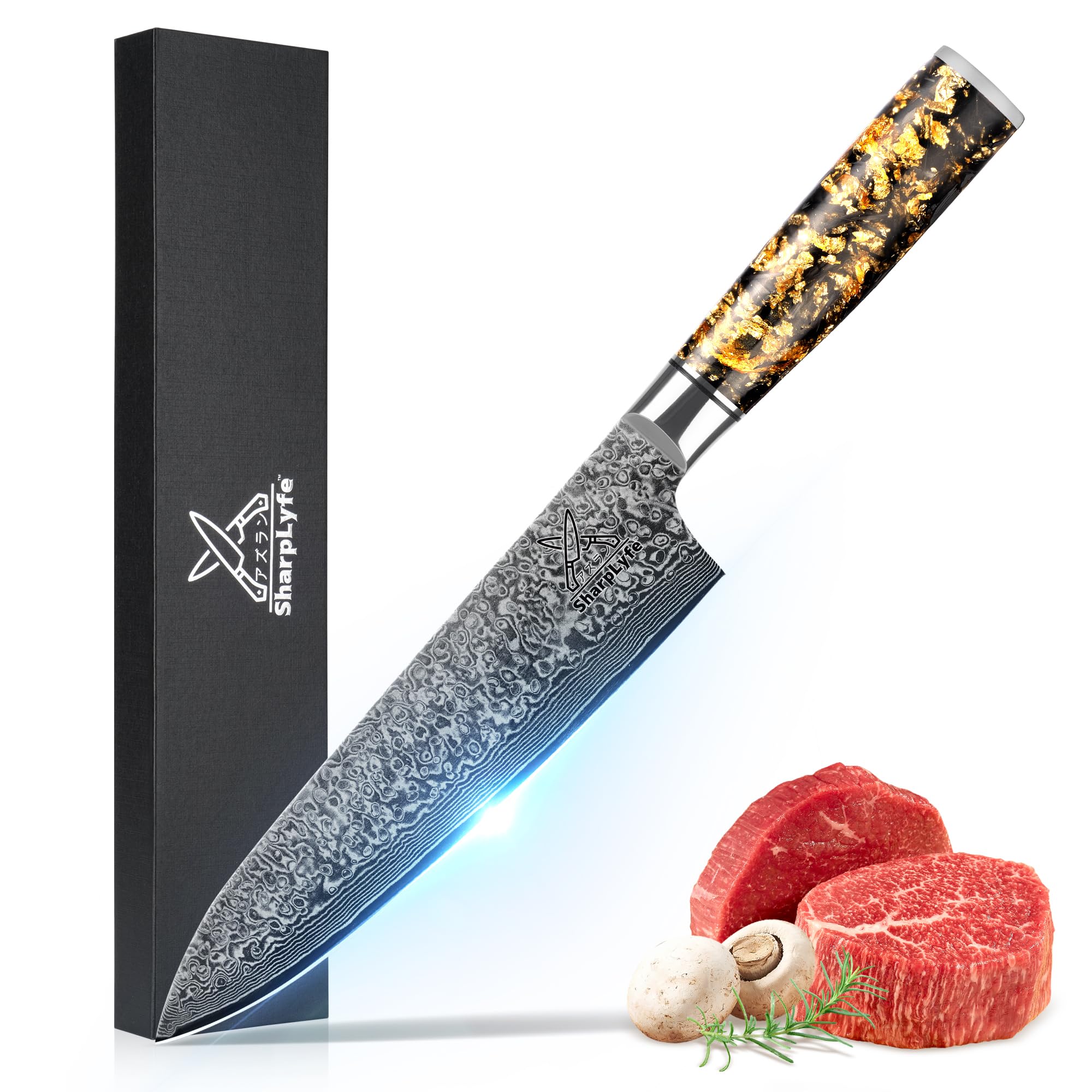 SharpLyfe Japanese Damascus Steel Chef Knife - Gold Foil & Carbon Fiber Handle - Razor Sharp Blade - Kitchen Knife with Secure Finger Guard - Chef Knife for Professional Grade - Size 7.79 Inch