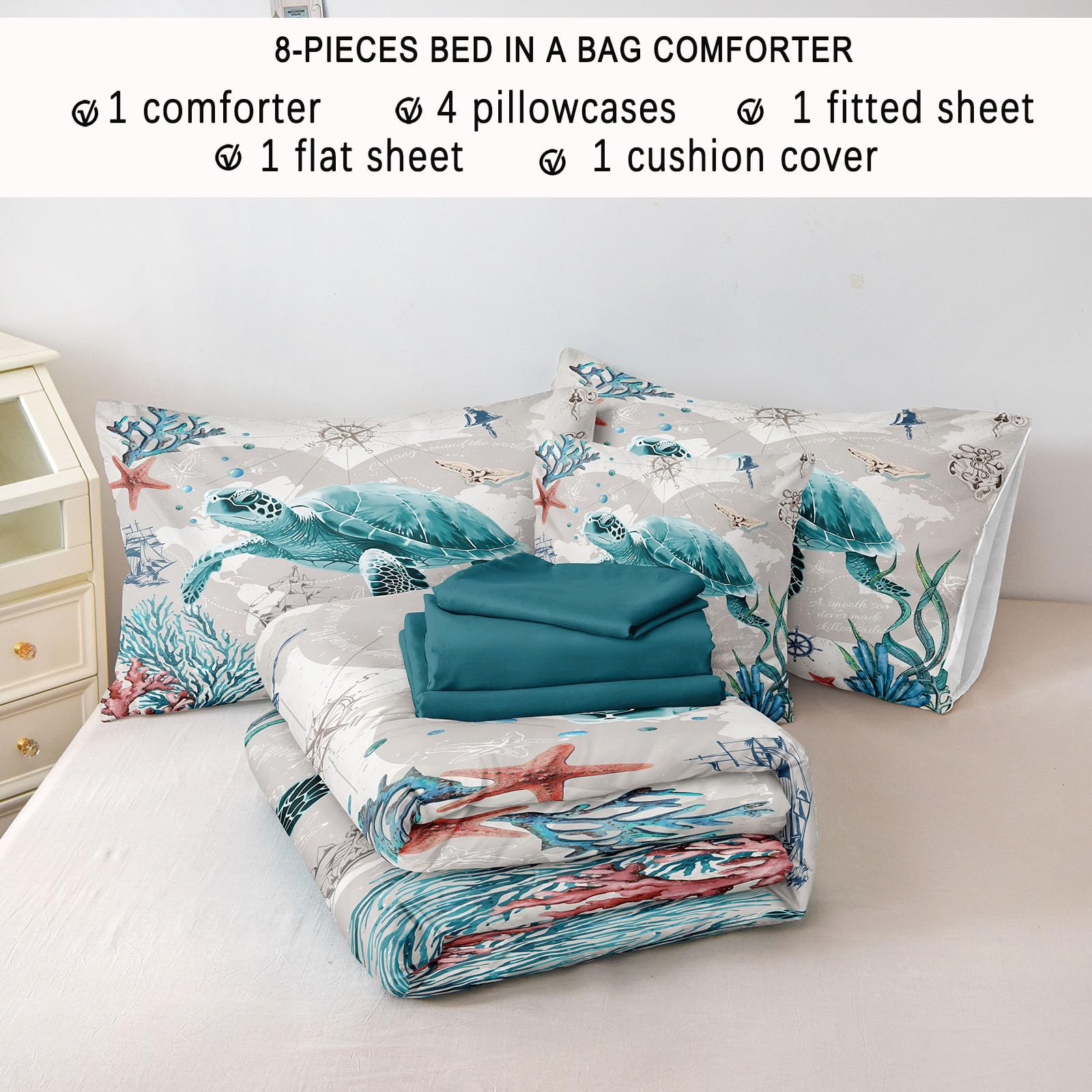 Bedbay 8 Pieces Nautical Bedding Sea Turtle Queen Comforter Set with Sheets Turquoise Comforter Retro Style Teen Girls Boys Turtle Bedding Set Ocean Themed Soft Fluffy Bed Set(Ocean,Queen)