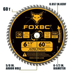 FOXBC 6-1/2 inch Circular Saw Blade Ultra Fine Finish 60-Tooth for Wood Cutting, Thin-Kerf with 5/8" Arbor