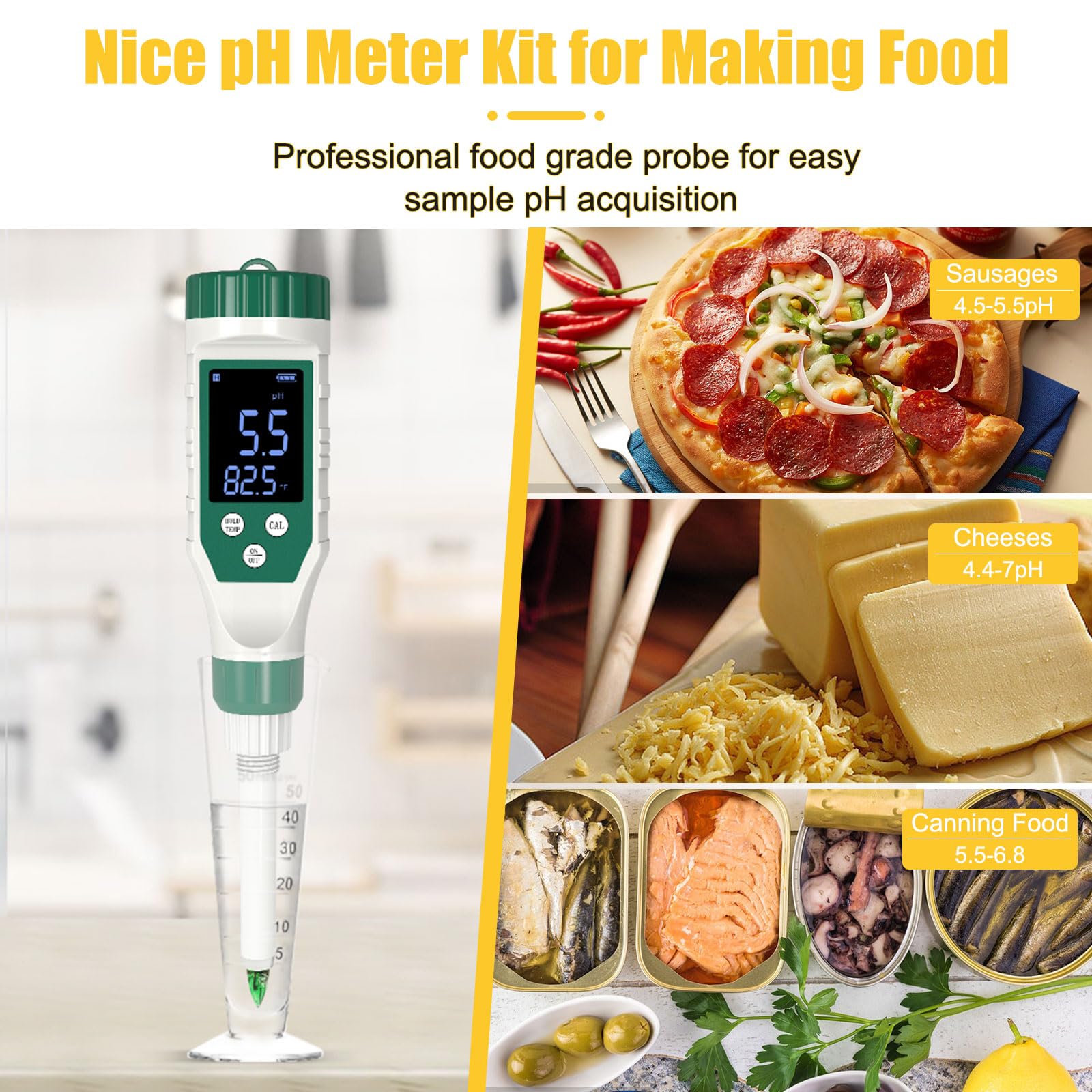 Yewhick Digital pH Meter for Food, Food pH Tester with High Accuracy pH Probe for Sourdough and Bread, Food pH Meter for Canning, Meat, Cheese, Solid Samples and Water, 0.01 Resolution