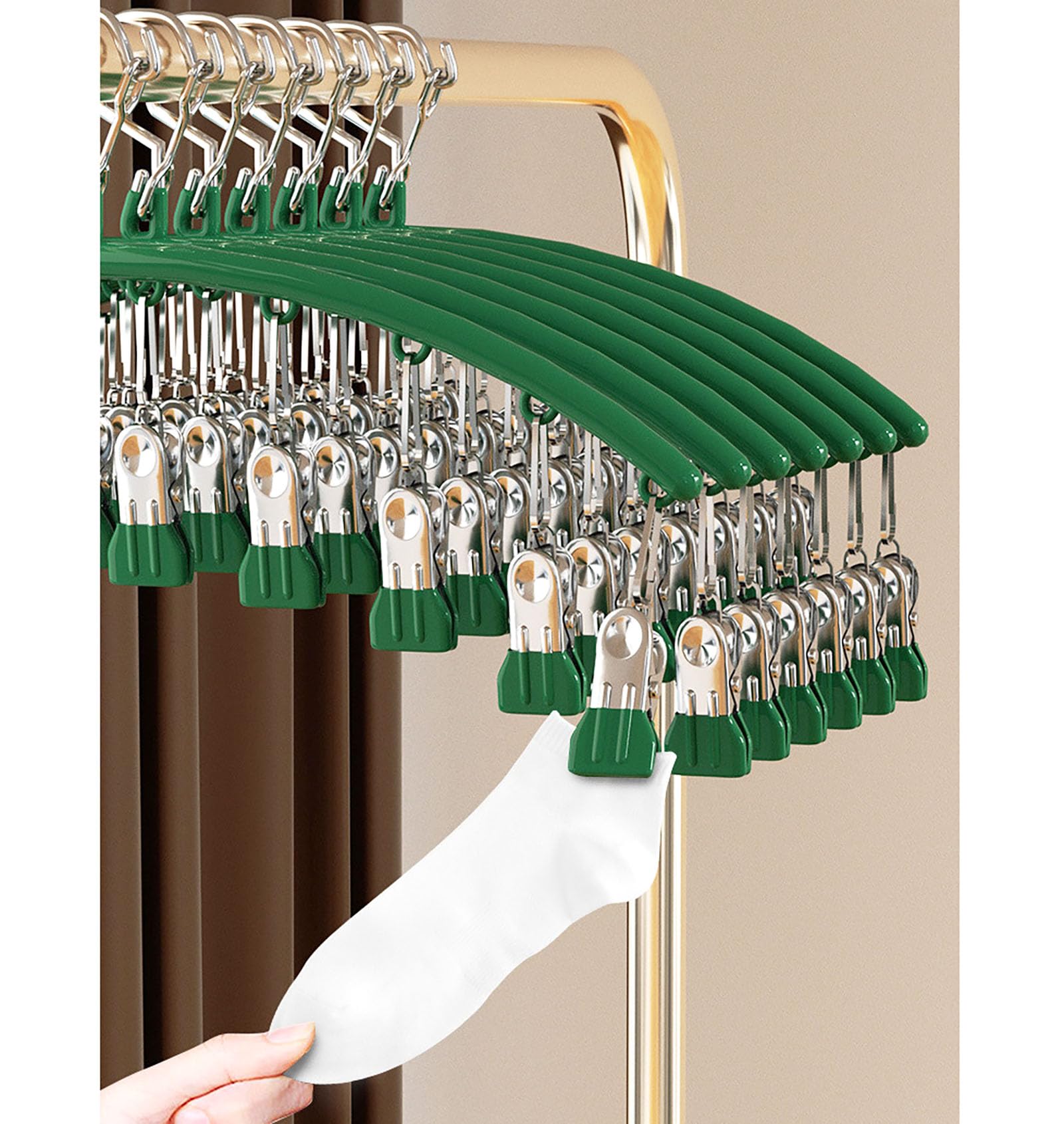 YIKANGHENG Clothes Hanger with Clips, Stainless Steel Green Organzer Hanger With 6 Clips, Used for Hanging Socks, Small Clothes, Hats, Towels and Gloves (6 Clips, Green)