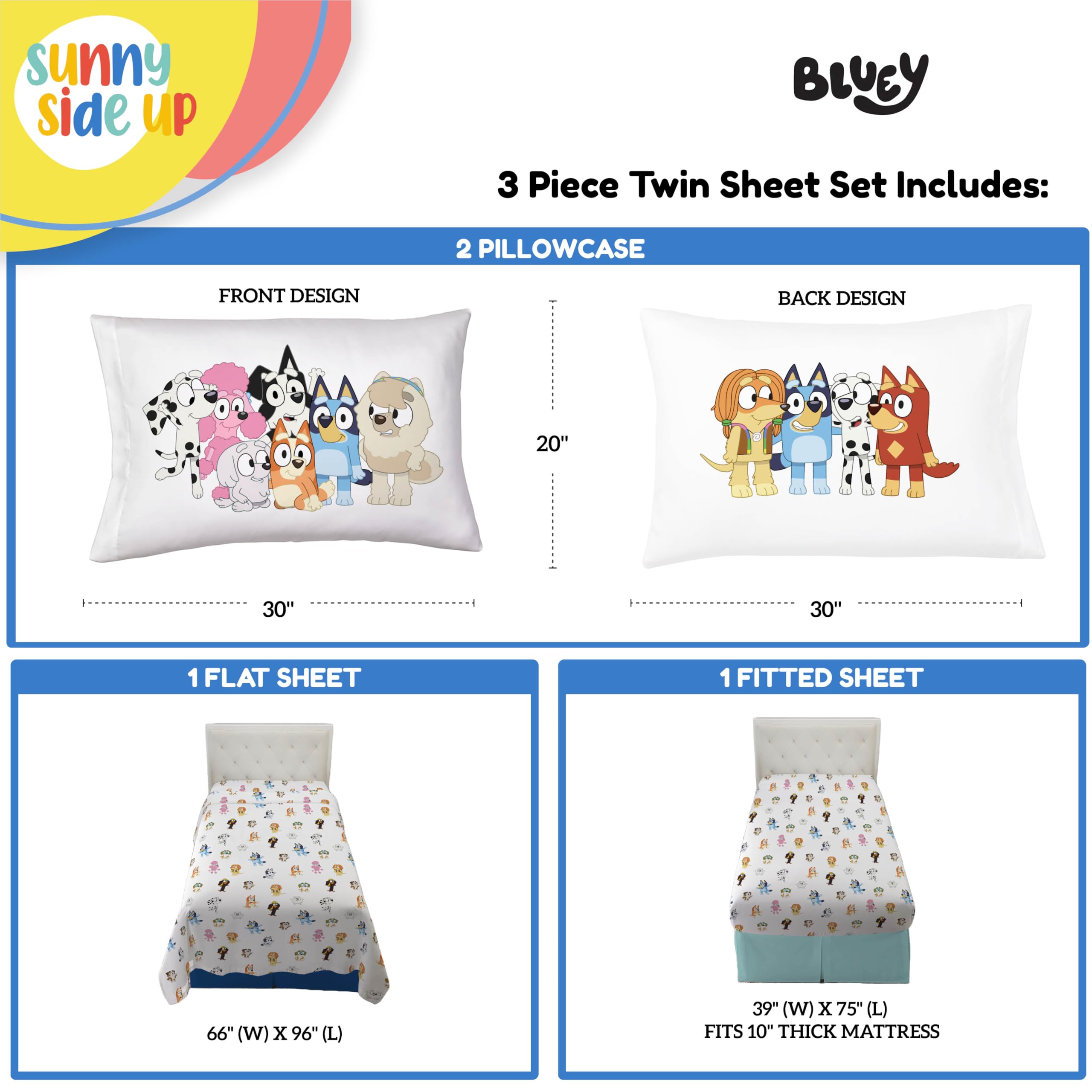 Bluey & Friends Twin Sheet Set - 3 Piece Kids Bedding Set Includes Pillow Cover - Super Soft Microfiber Sheets