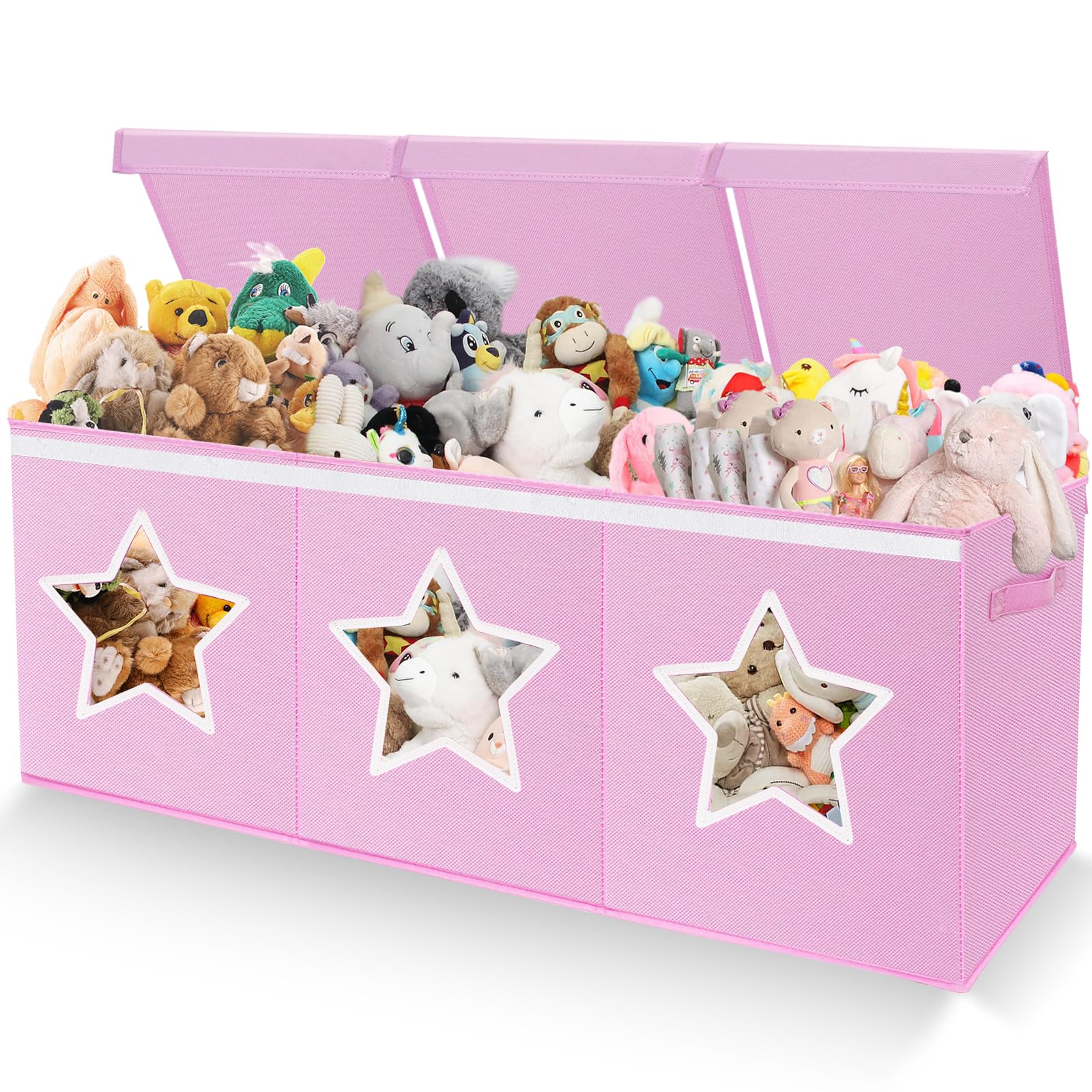 Xmasorme Extra Large Toy Box Chest, Toy Storage Organizer Bins with Transparent Windows, Foldable Storage Box for Kids,Boys,Girls,Toddler,Nursery Room,Playroom(Light Pink Star)