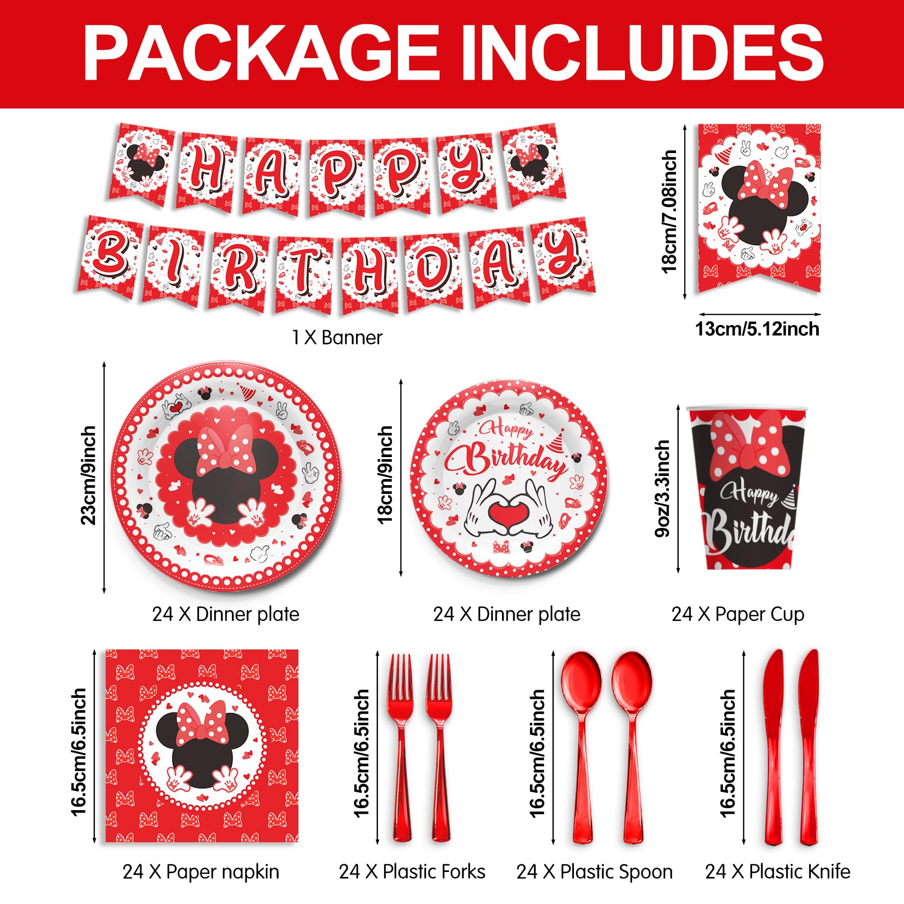 Piooluialy Red Minnie Birthday Party Supplies Tableware - Minnie Themed Party Decorations Include Banner, Dinner Plates, Cups, Napkins, Cutlery, for Minnie Birthday Party Decorations | 24 Guests