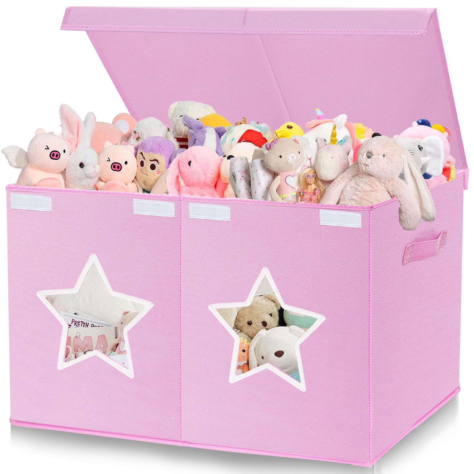 Xmasorme Large Toy Box Chest,Collapsible Sturdy Storage Bins with Lids,Large Kids Toy Storage Organizer Boxes Baskets for Kids,Boys,Girls,Toddler,Nursery Room,Playroom(Pink Star)