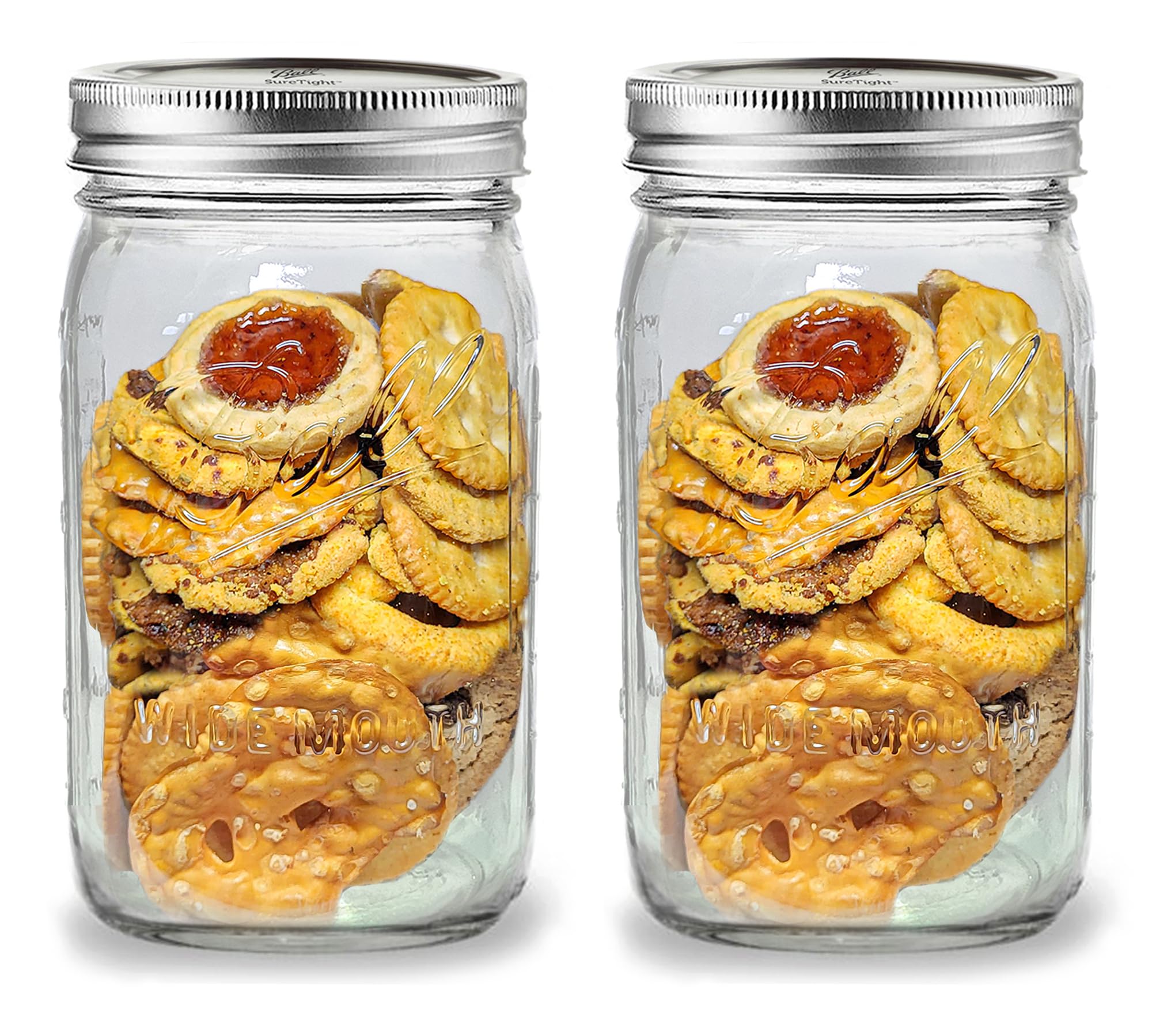 (2 Pack) - Ball Wide Mouth 32-Ounces Quart Mason Jars With Airtight lids and Bands - Clear Glass Mason Jars For Storage, Canning, Overnight Oats, Cold Brew Coffee + M.E.M Rubber Jar Opener Included