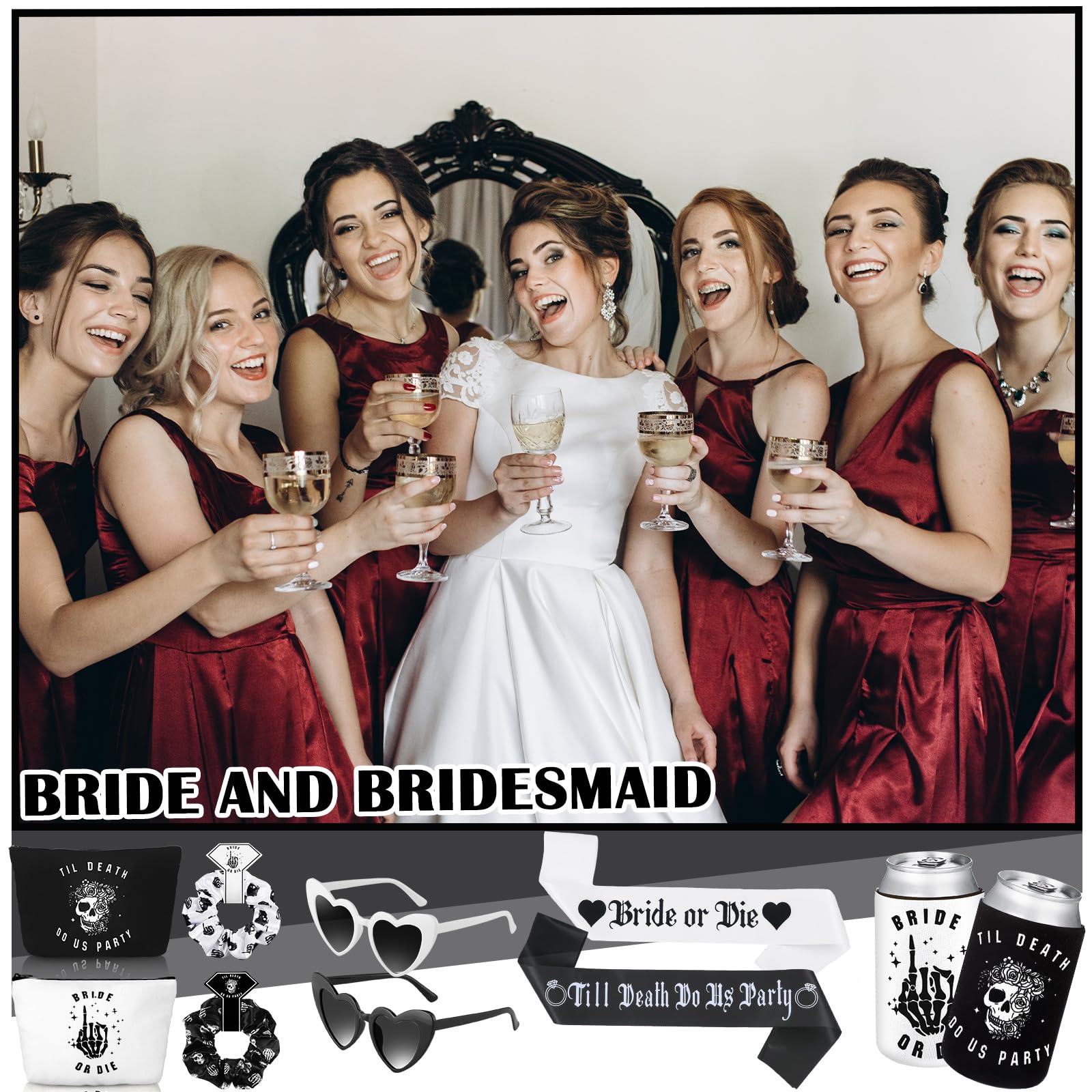 Domensi 35 Pcs Bride or Die Bachelorette Party Decorations Till Death Do Us Party Gifts Including Hair Scrunchies Heart Sunglasses Sash Makeup Bag Beer Can Cooler Sleeves for Wedding Supplies Gift