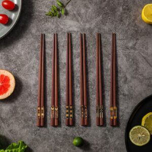 Wooden Chopsticks, 5 Pair Wooden Chopsticks Red Sandalwood Grooved Pattern Reusable Chop Sticks