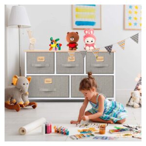 Pipishell Fabric Dresser, Dresser for Bedroom with 5 Drawers, Wide Dresser Storage Tower Organizer Unit with Wood Top and Easy Pull Handle for Closets, Living Room, Nursery Room, Hallway（Light Grey）