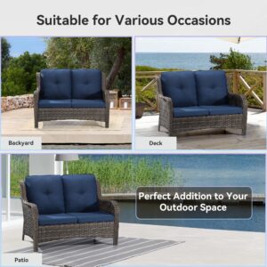 Joyside Outdoor Patio Wicker Loveseat Sofa - 2-Seater Rattan Sofa for Outside Patio Garden with Deep Seating and Olefin Cushions(Mixed Grey/Blue)