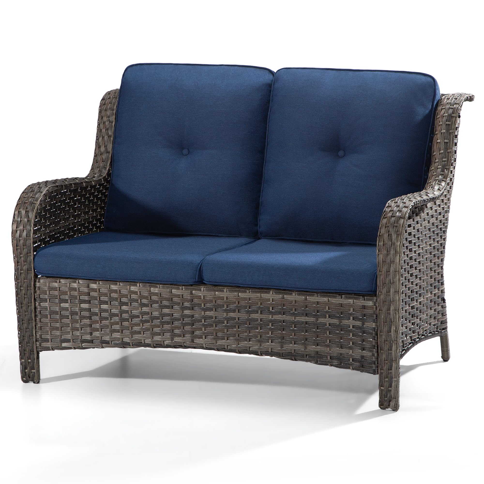 Joyside Outdoor Patio Wicker Loveseat Sofa - 2-Seater Rattan Sofa for Outside Patio Garden with Deep Seating and Olefin Cushions(Mixed Grey/Blue)