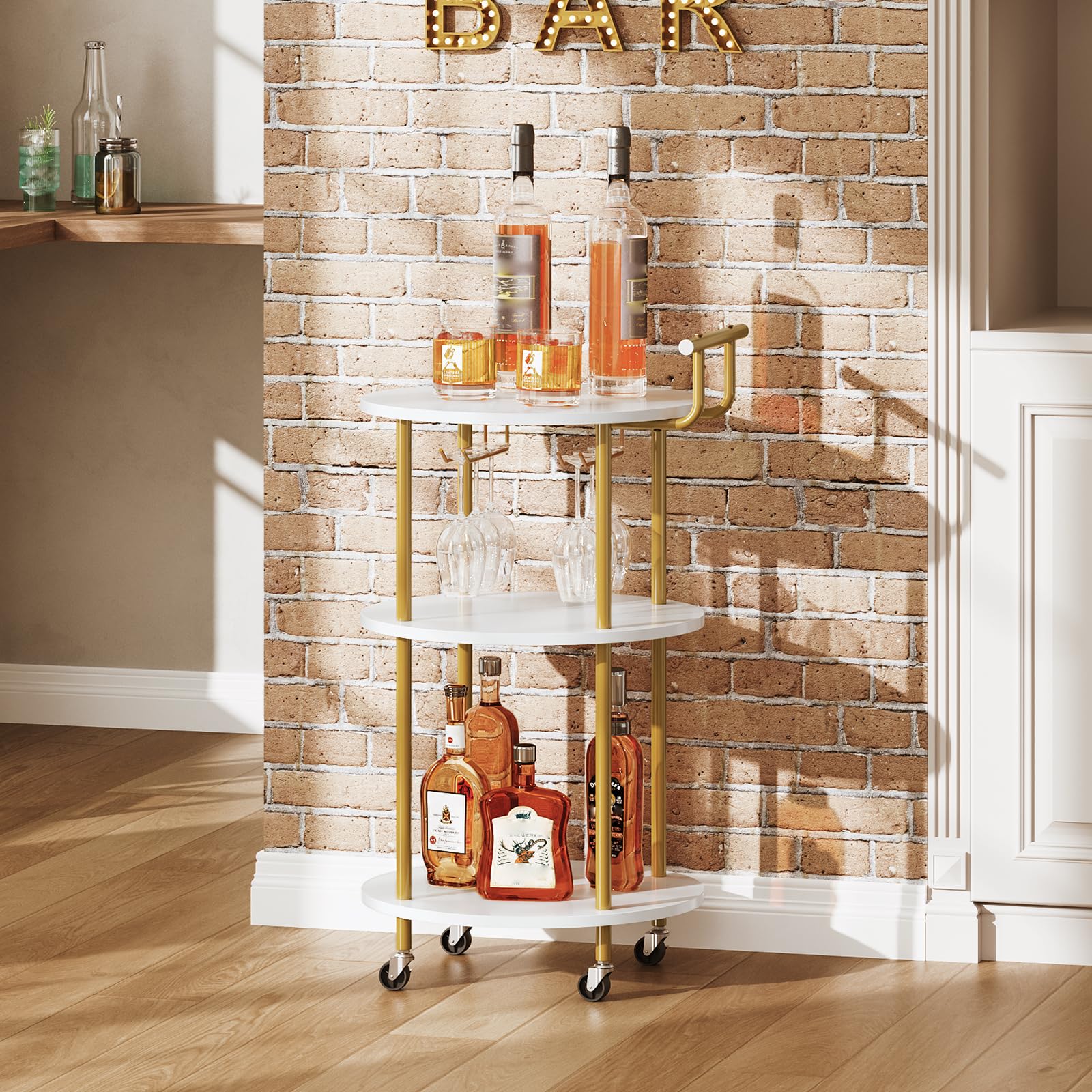 HOOBRO Bar Cart Gold, Home Bar Serving Cart, Rolling Beverage Cart with Wine Rack and Glass Holder, 3-Tier Wine Cart for Kitchen, Dining Room, Living Room, Parties, Gold and White WD31TC01