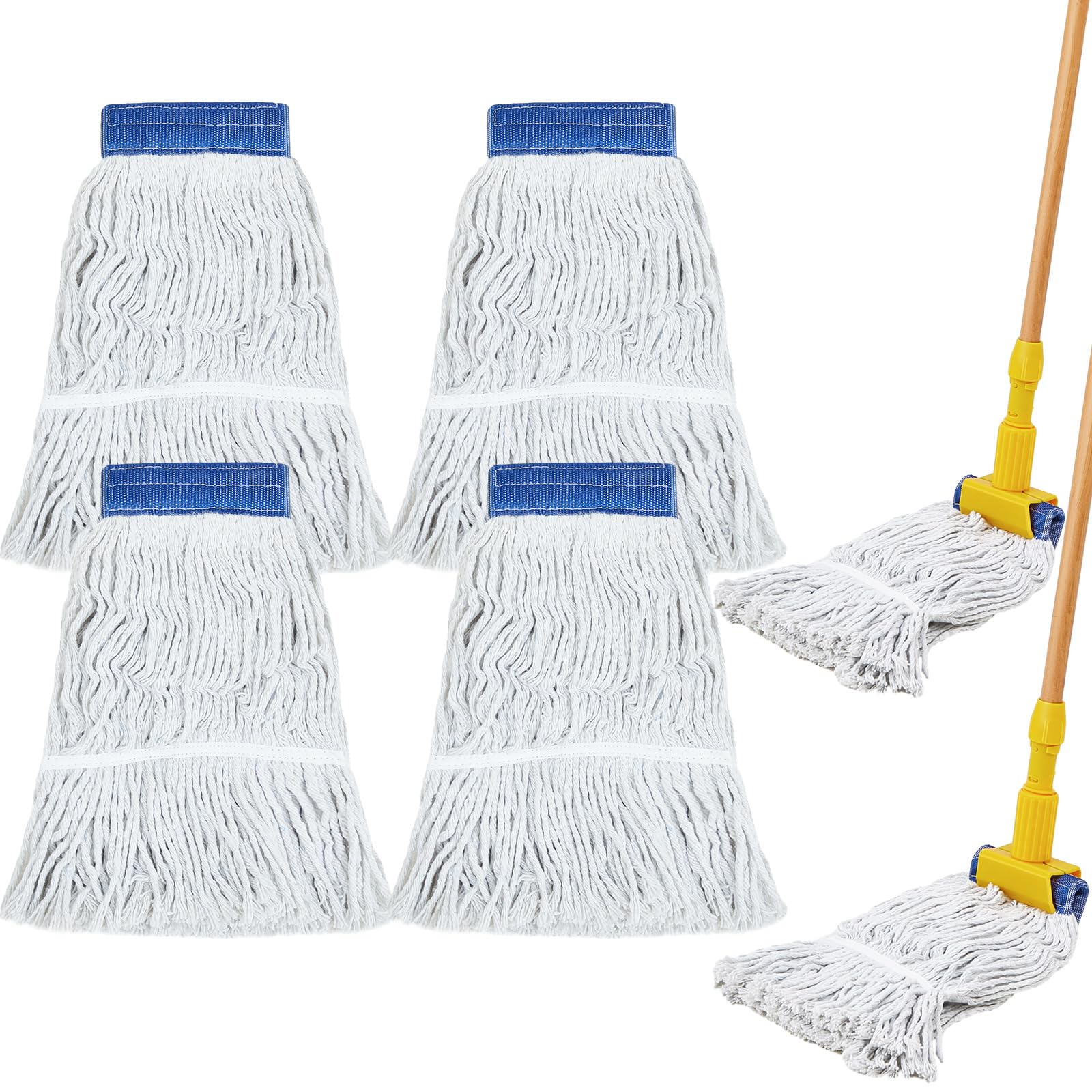 Suzile 6 Pcs Commercial Wooden Mop Industrial Cotton Mop Heads Replacement Wet Floor Cleaning Mop Include 2 Pcs 60" Long Mop Handle with Jaw Clamp 4 Pcs Interchangeable Mop Head for Home Office