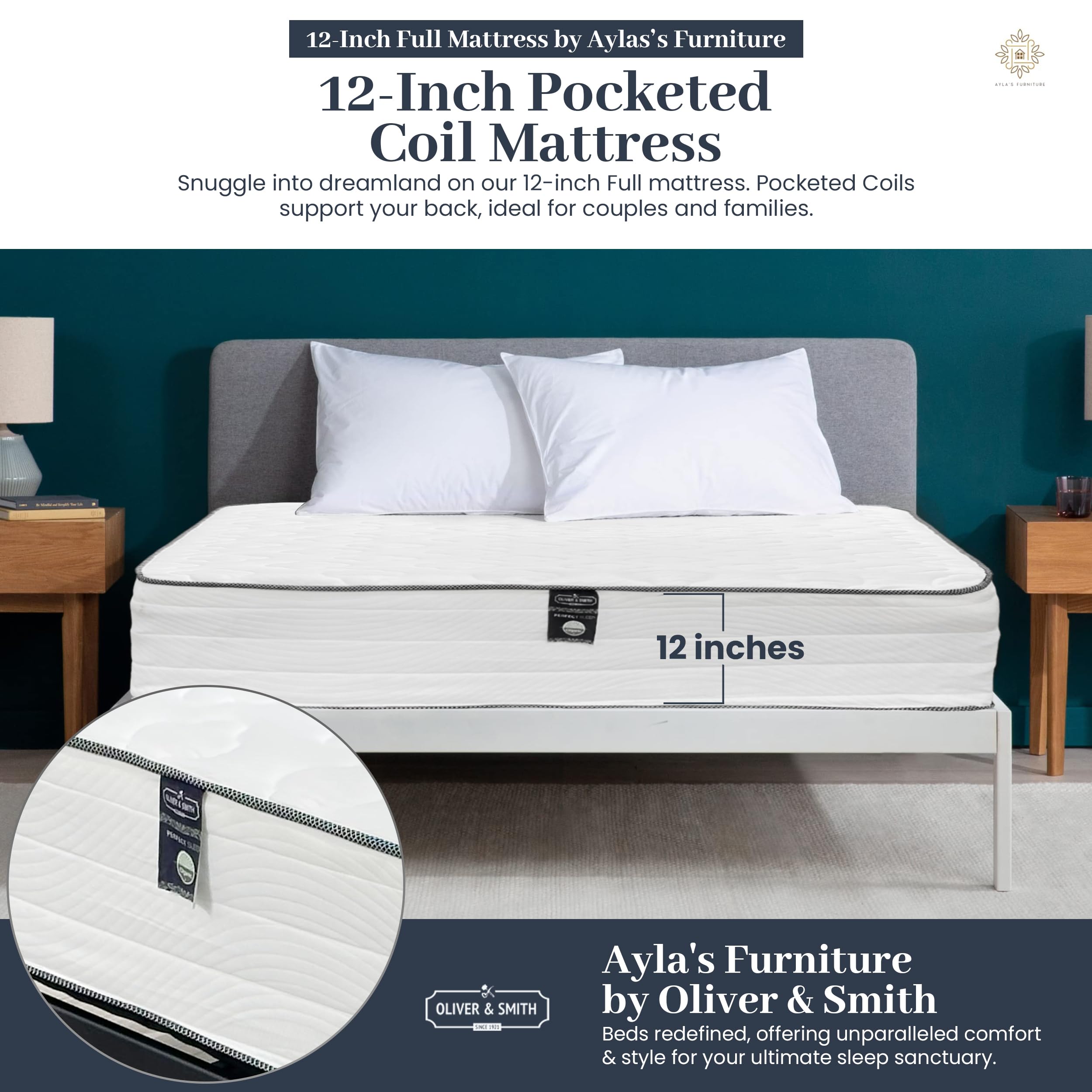 Aylas Furniture Full Size Mattress - 12 Inch Cool Memory Foam & Spring Hybrid Mattress with Breathable Cover - Tight Top - Rolled in a Box by Oliver & Smith