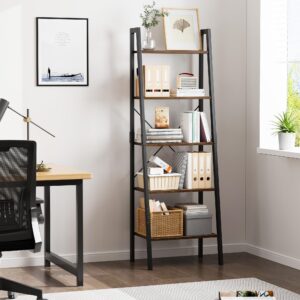 FINETONES 5-Tier Ladder Shelf, Ladder Bookshelf Bookcase with Metal Frame, Plant Rack Display Shelf Accent Furniture for Home Office, Black/Rustic Brown